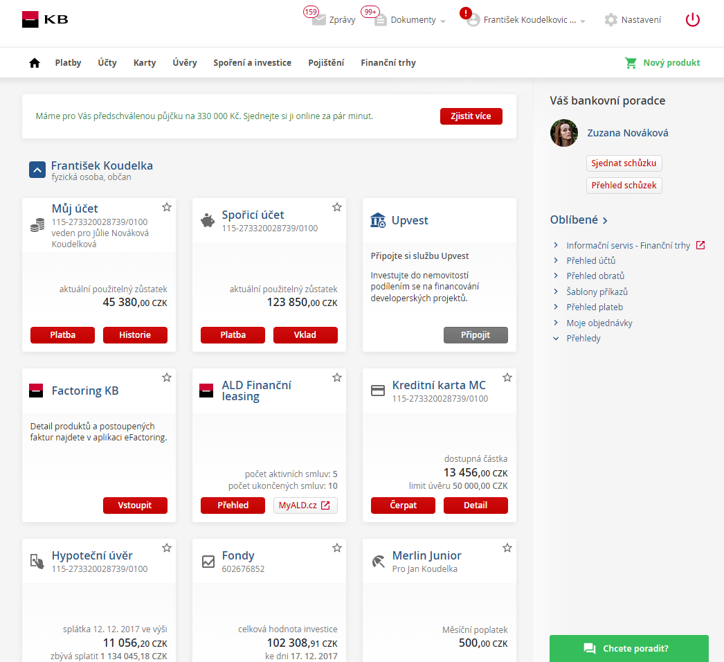 Dashboard – internetové bankovnictví Komerční banka