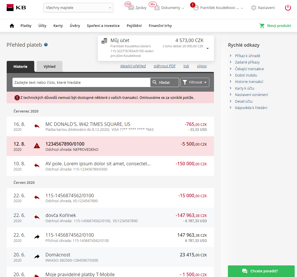 Přehled plateb – internetové bankovnictví Komerční banka