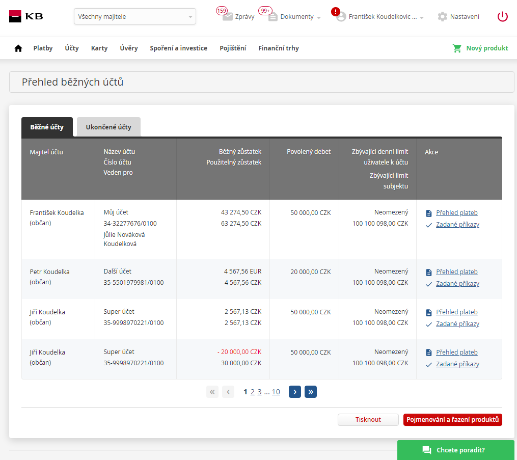 Přehled účtů – internetové bankovnictví Komerční banka