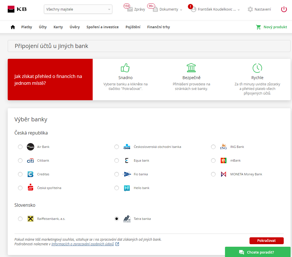 Připojení účtů z jiných bank – internetové bankovnictví Komerční banka