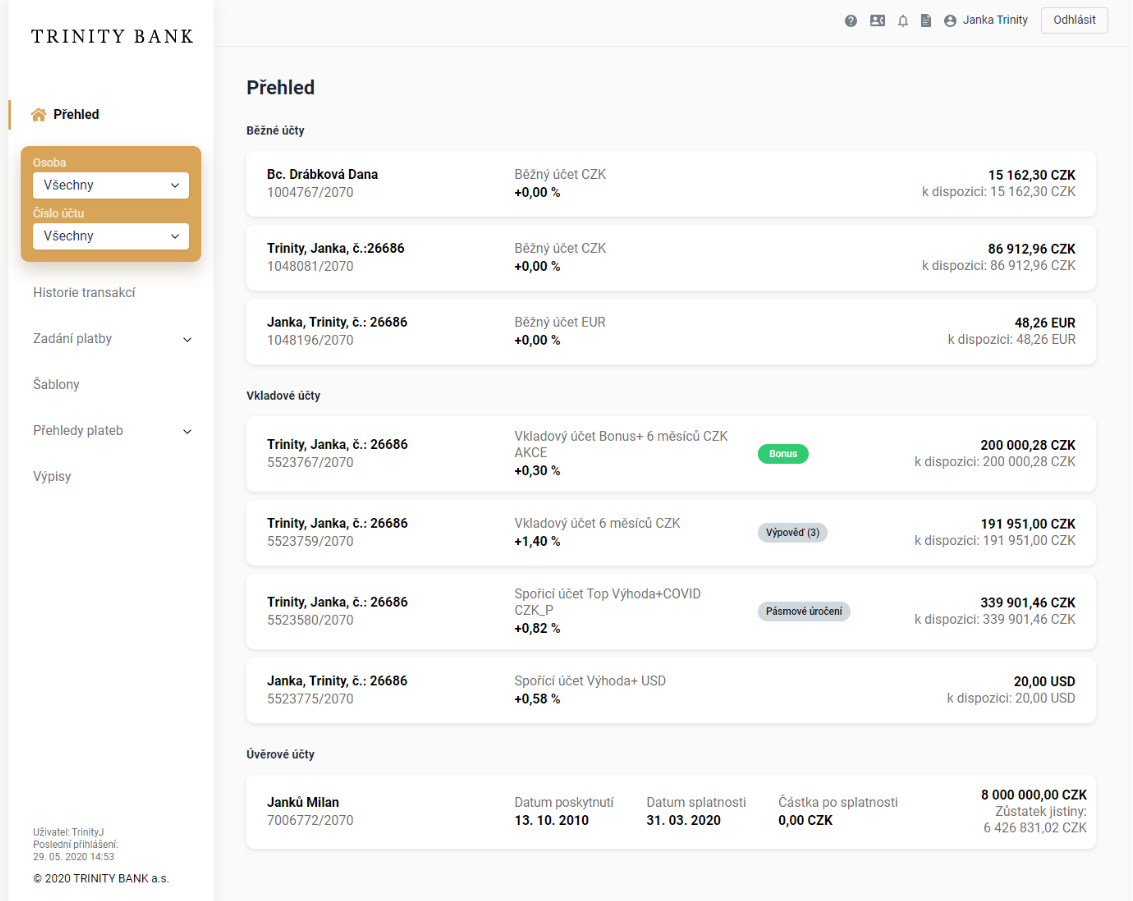 Přehled o účtu Trinity Bank