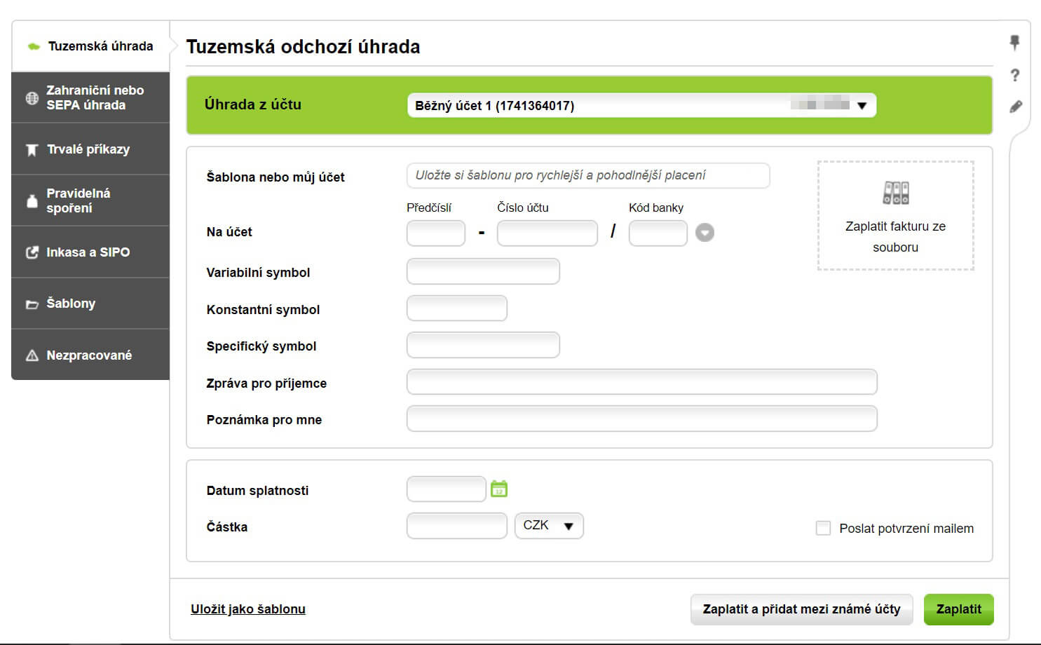 Jednorázová platba – internetové bankovnictví Air Bank