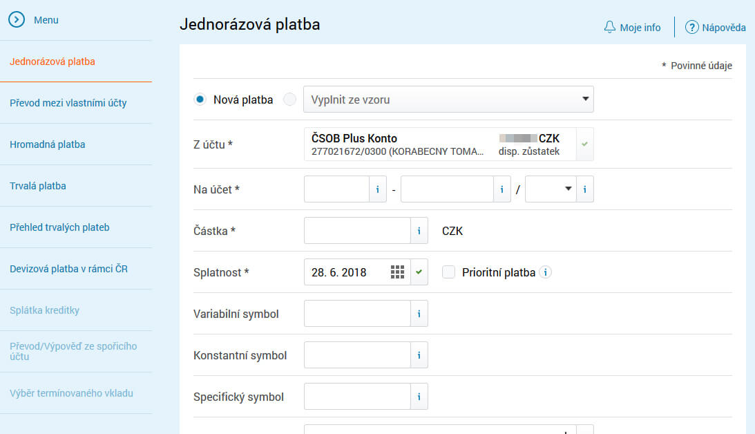 Jednorázová platba – internetové bankovnictví ČSOB