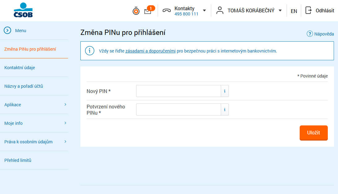 Obecná nastavení – internetové bankovnictví ČSOB