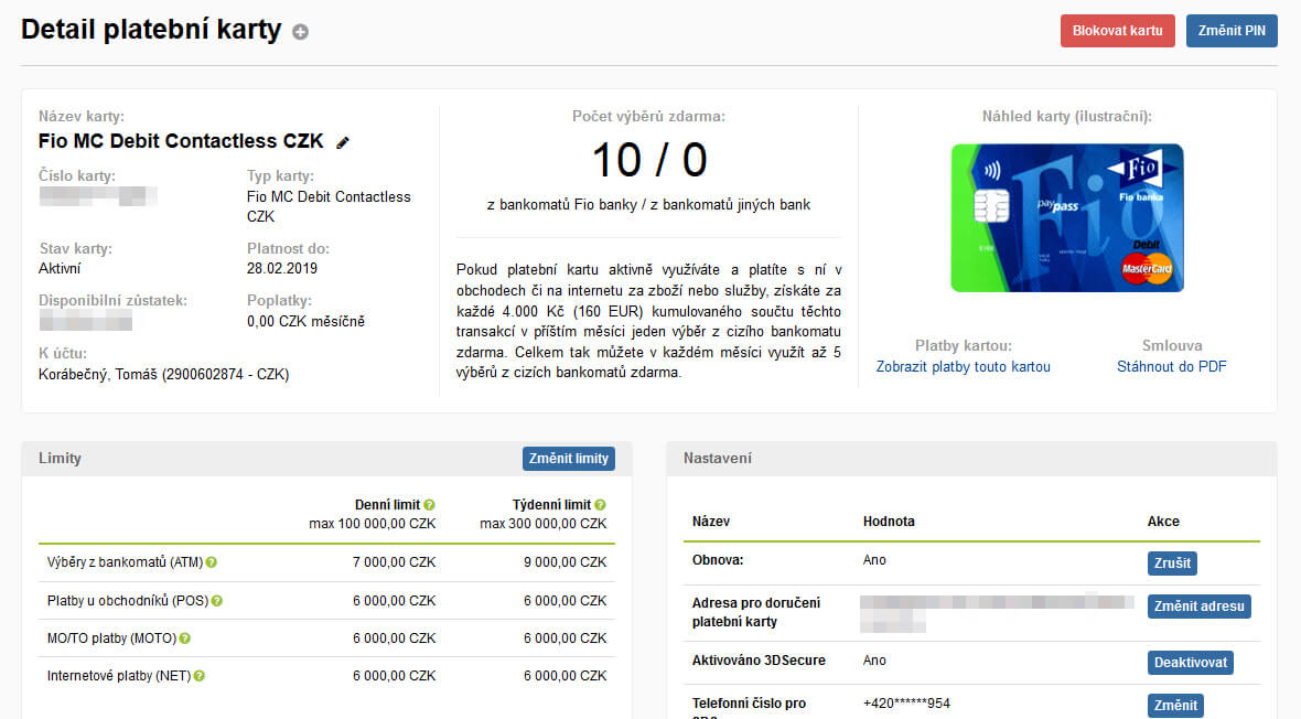 Detail platební karty, internetové bankovnictví Fio banky