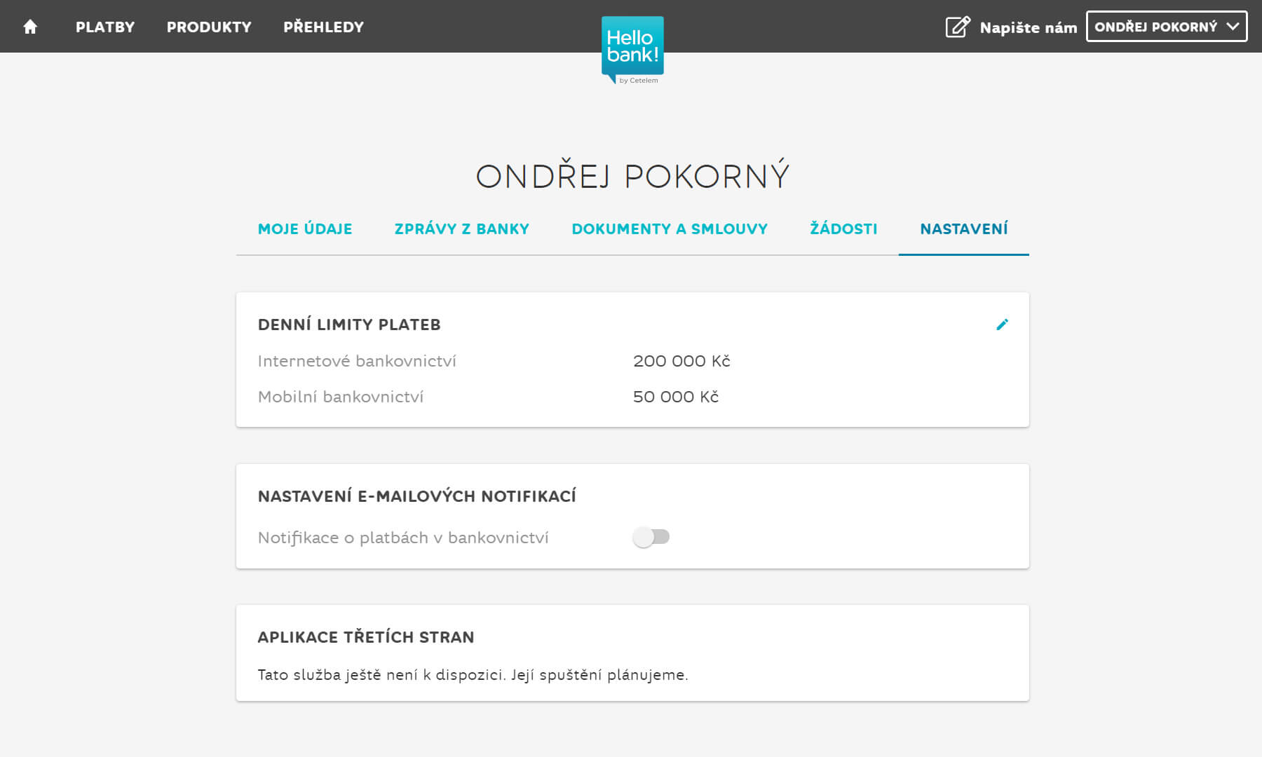 Nastavení účtu – internetové bankovnictví Hello bank