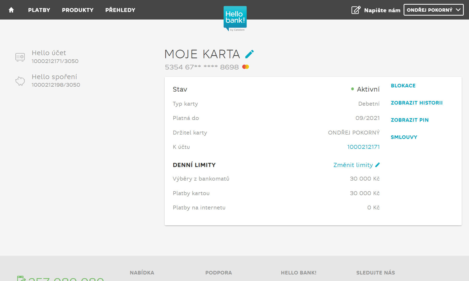 Přehled karet – internetové bankovnictví Hello bank