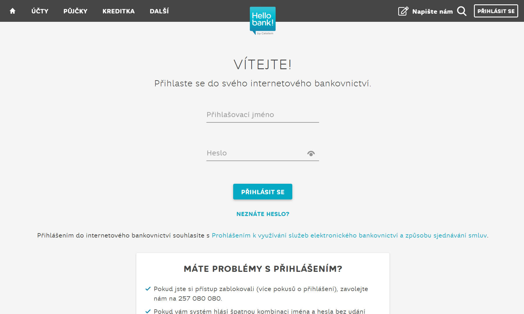 Přihlášení – internetové bankovnictví Hello bank