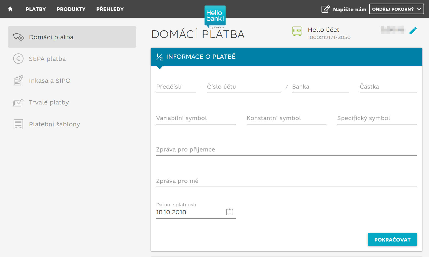 Jednorázová platba – internetové bankovnictví Hello bank