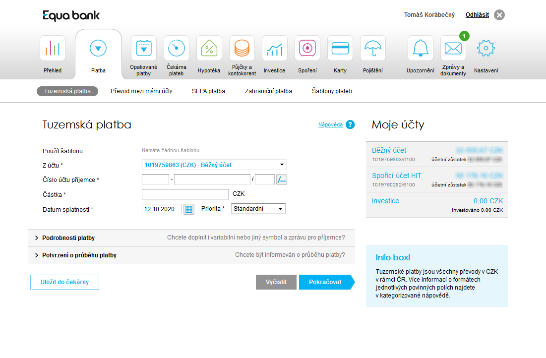 Jednorázová platba – internetové bankovnictví Equa bank