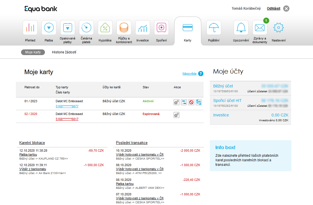 Nastavení platební karty – internetové bankovnictví Equa bank