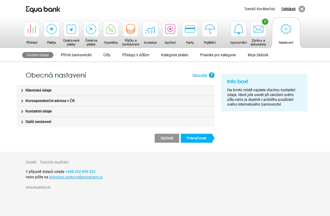 Nastavení účtu – internetové bankovnictví Equa bank
