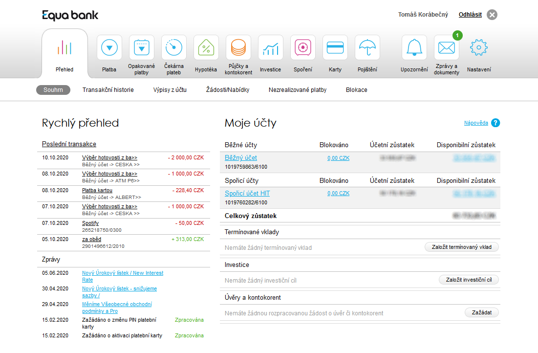 Úvodní stránka – internetové bankovnictví Equa bank