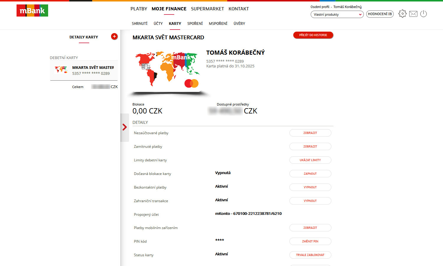 Nastavení platební karty – internetové bankovnictví mBank