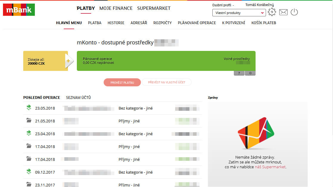 Úvodní stránka – internetové bankovnictví mBank