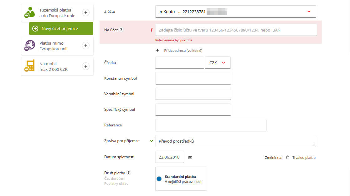 Jednorázová platba – internetové bankovnictví mBank