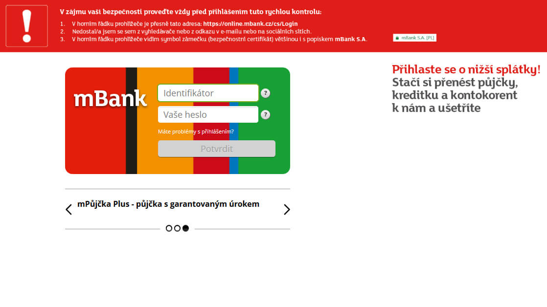 Přihlášení – internetové bankovnictví mBank
