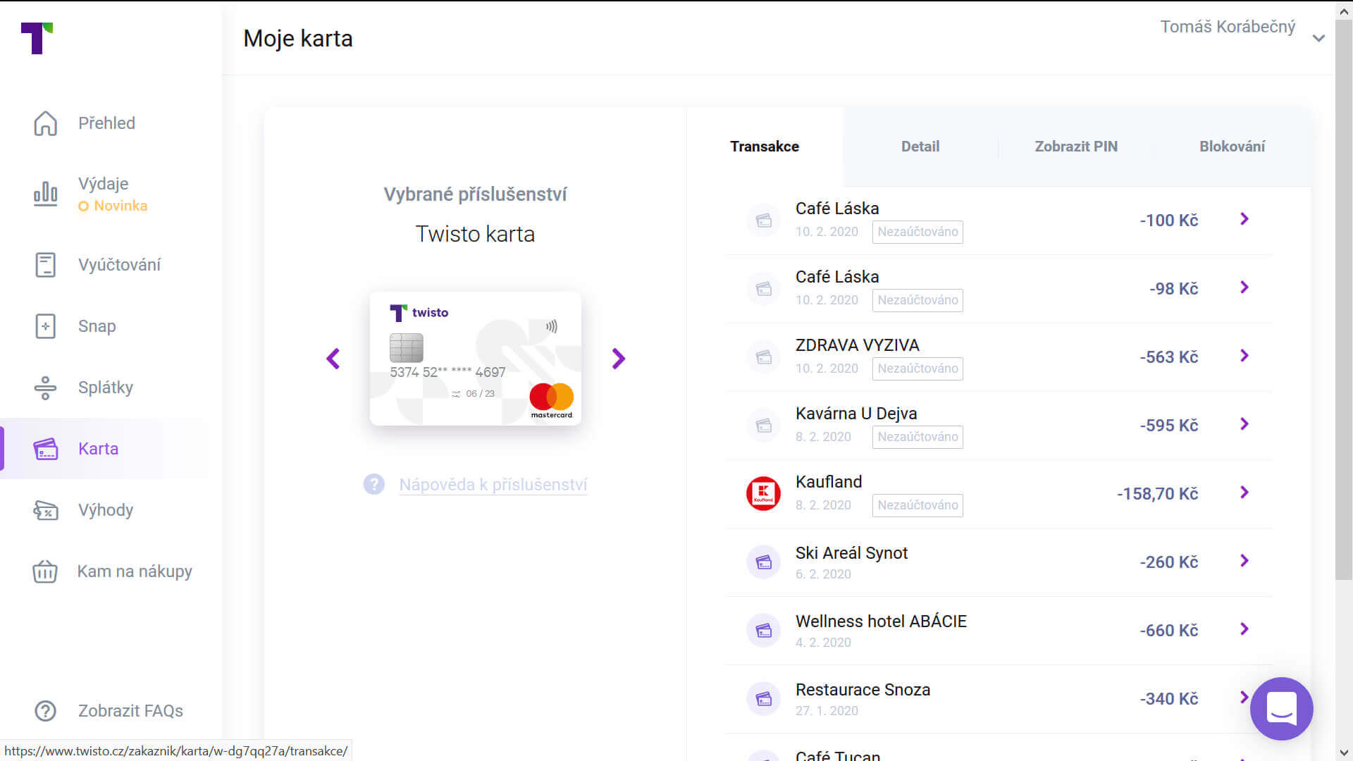 Přehled plateb kartou
