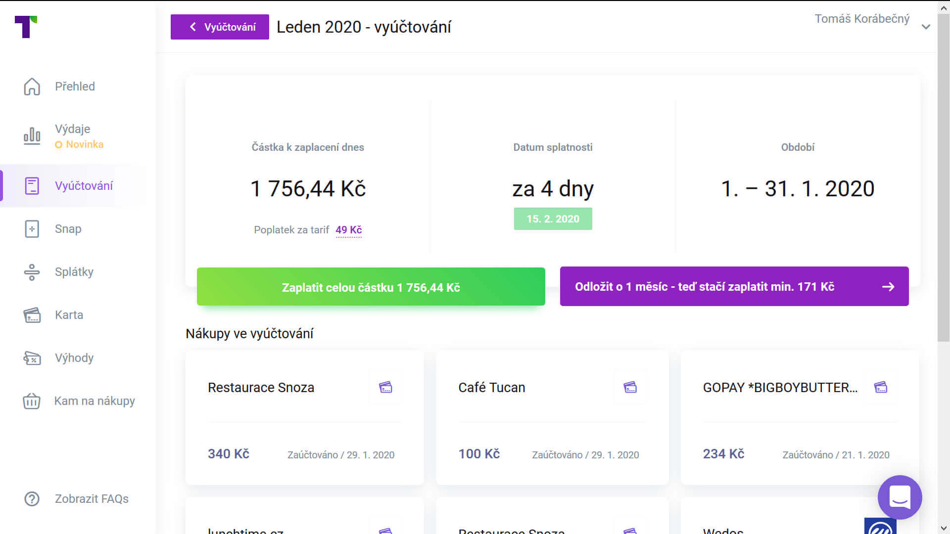 Detail měsíčního vyúčtování