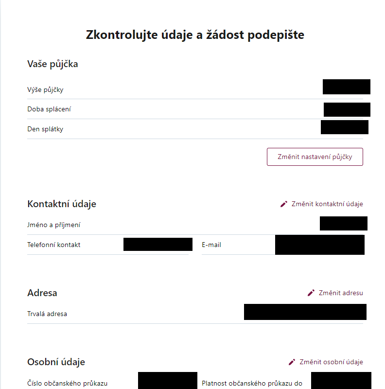 Žádost o půjčku – kontrola údajů