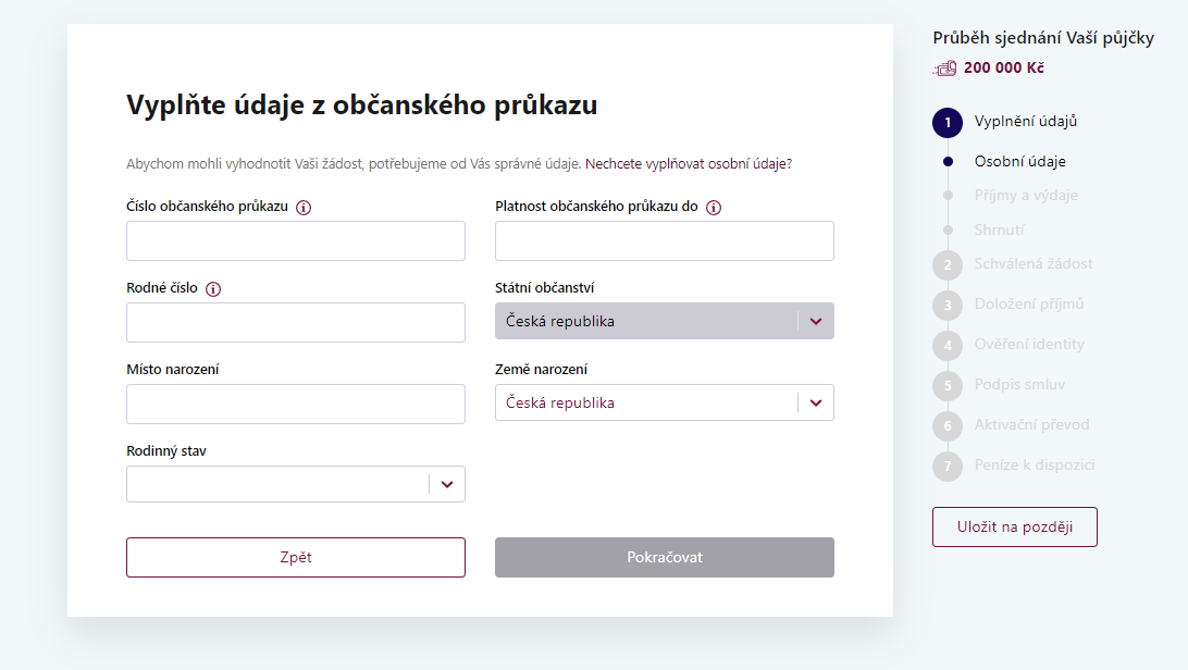 Žádost o půjčku – údaje z občanského průkazu