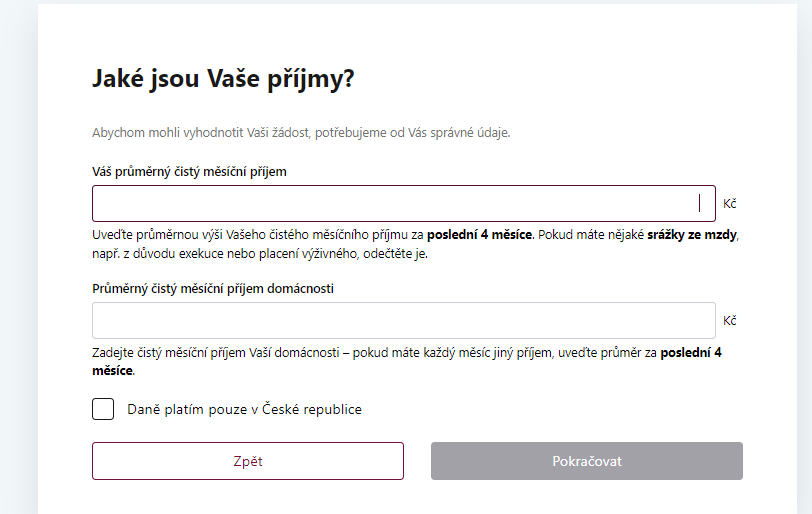 Žádost o půjčku – příjmy