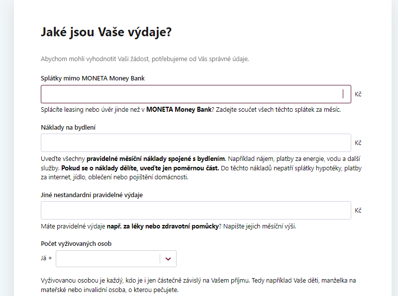 Žádost o půjčku – Výdaje