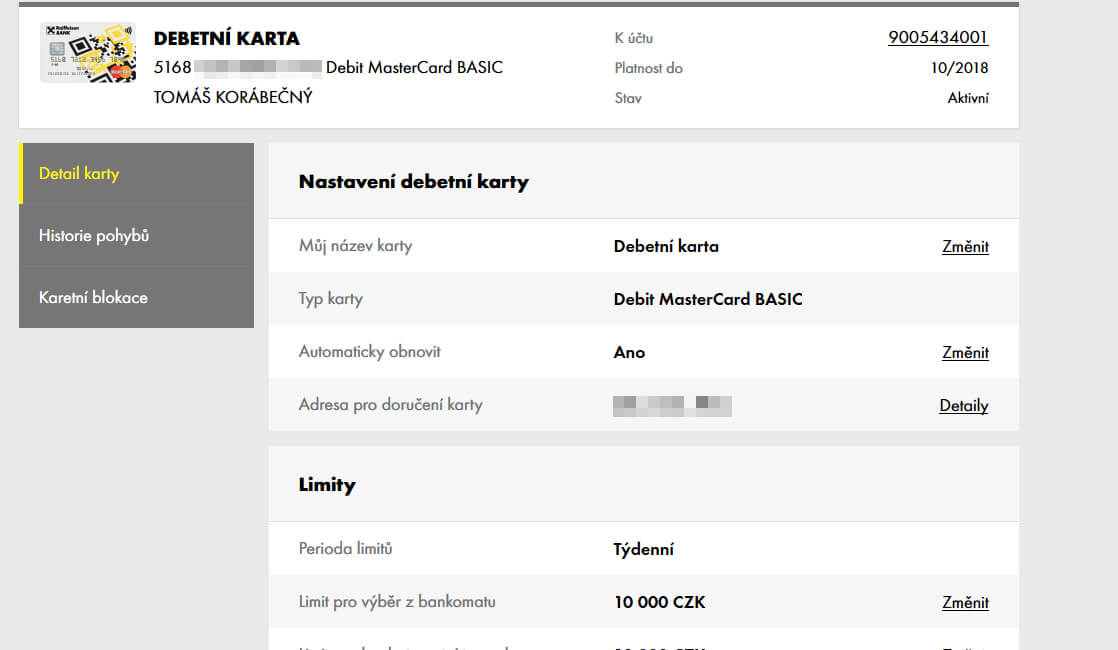 Nastavení platební karty – internetové bankovnictví Raiffeisenbank