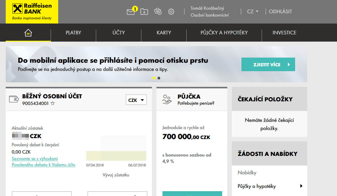 Úvodní stránka – internetové bankovnictví Raiffeisenbank
