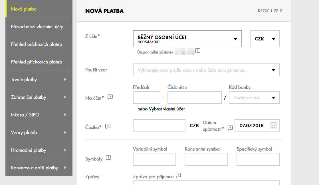 Jednorázová platba – internetové bankovnictví Raiffeisenbank