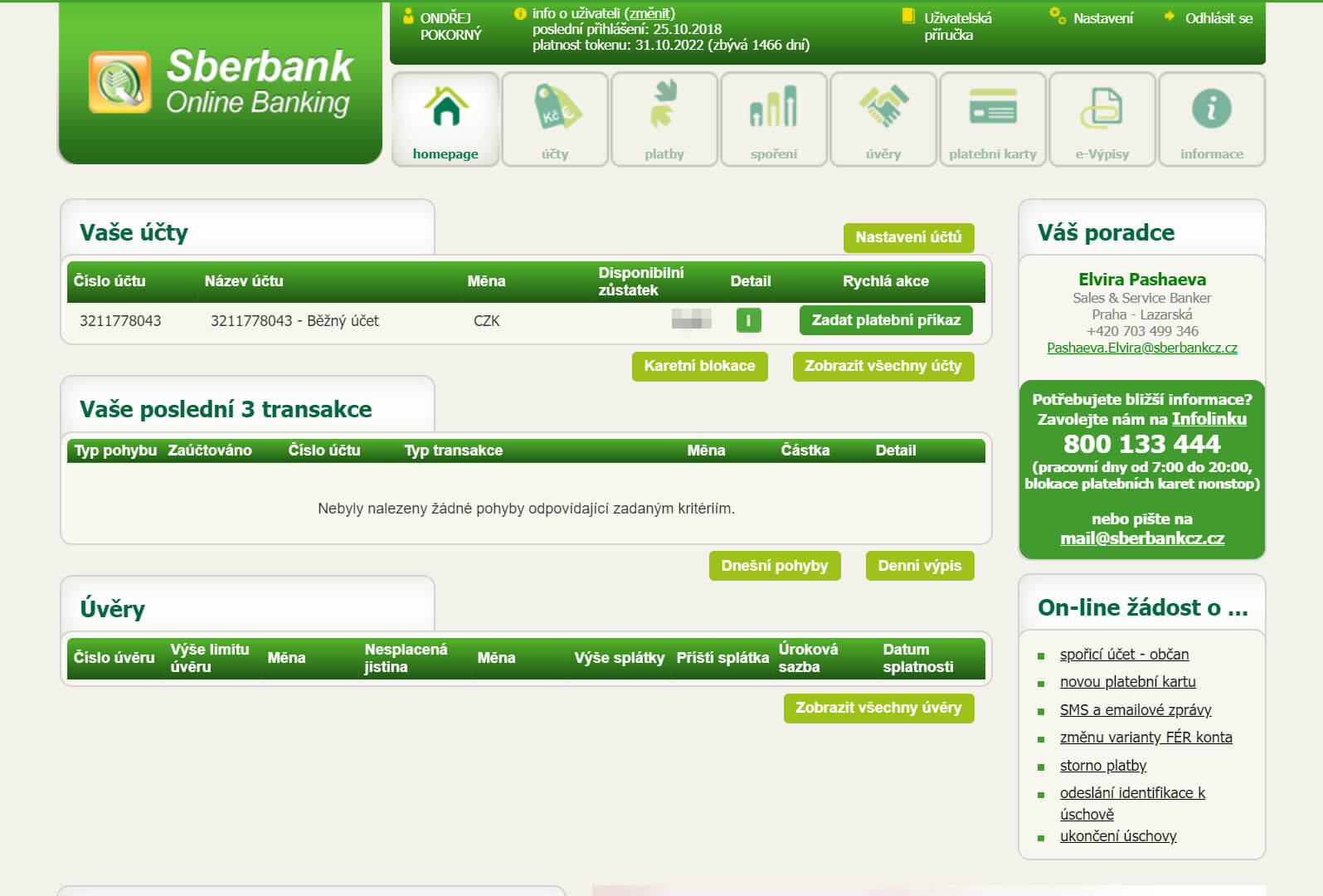 Úvodní stránka – internetové bankovnictví Sberbank
