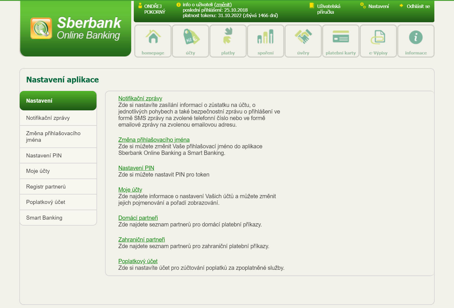 Nastavení účtu – internetové bankovnictví Sberbank